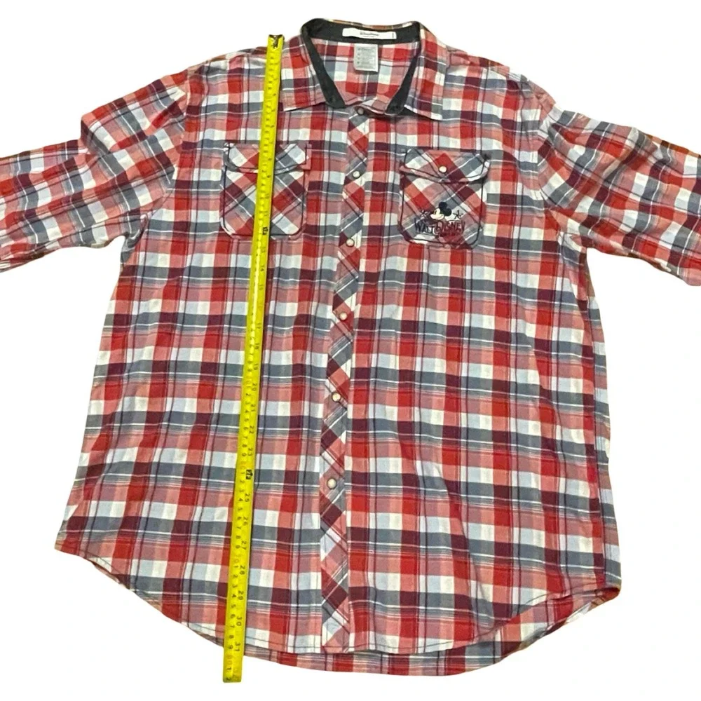 Disney Parks Mickey Mouse Plaid Shirt Mens XL Red Blue Walt‎ Disney World